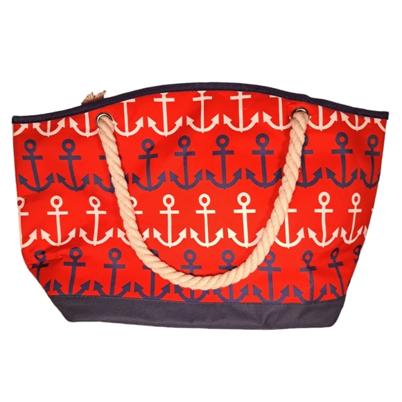 Red and Blue Anchor Tote/Beach Bag with Rope Handle Exterior Pocket Insulated - Picture 1 of 4